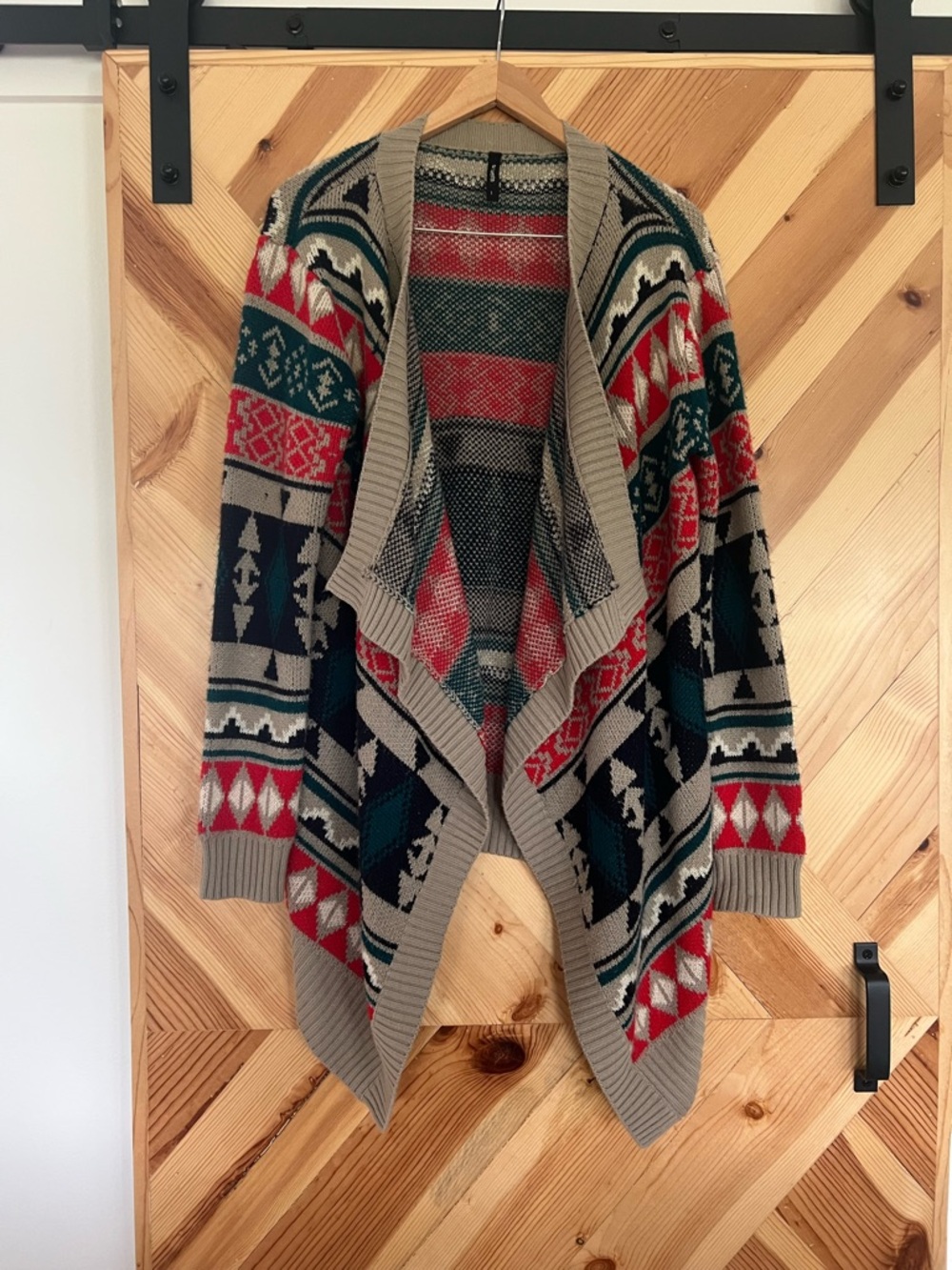 Open-Front Aztec Knit Cardigan Sweater - Taupe with Red & Teal